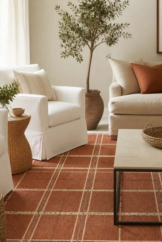 A bright living room with white slipcovered chairs and a light beige sofa. The area rug has a terracotta base with a cream grid and thin darker lines. There's a woven basket, a rattan side table, and a terracotta throw pillow.