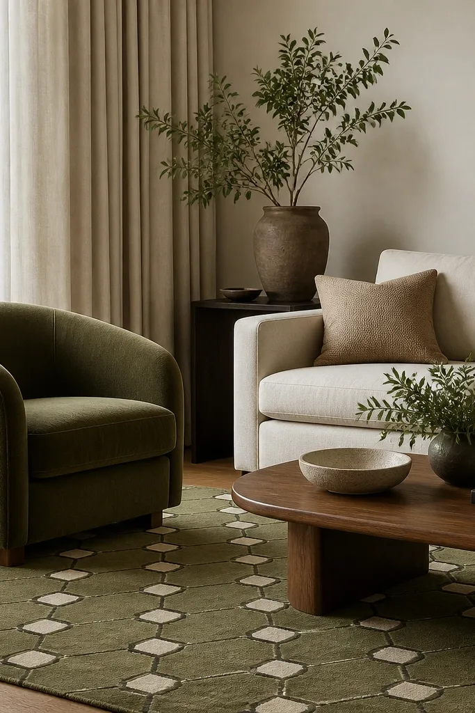 A living room with an olive green accent chair and a light neutral sofa. The rug shows an olive field with repeating cream geometric shapes and thin black outlines. A curved wood coffee table and layered neutral curtains frame the scene.