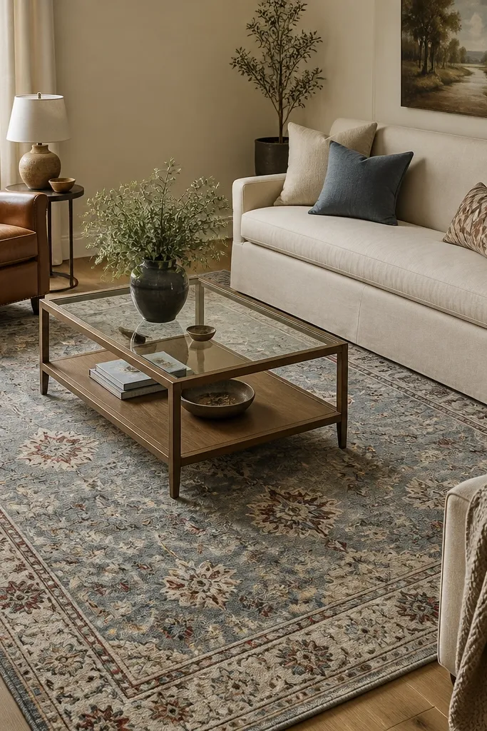 A living room with a light oak floor and a beige sofa. The rug has a faded muted blue field, worn red-brown accents, and cream floral medallion sections. A tan leather chair and a wood-and-glass coffee table sit on top.
