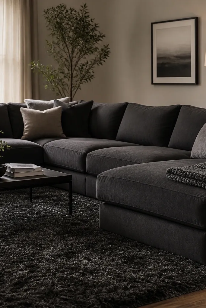 A cozy living room with a dark gray sectional. The rug is charcoal with a plush, shaggy pile texture, slightly lighter threads catching light. A thick knit throw is folded on the chaise, and soft lighting sits on a floor lamp.