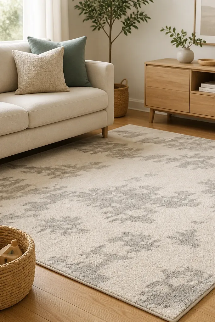 A living room with a beige sofa and kids' toys neatly stacked in a basket. The rug is a cream base with soft gray abstract blotches and low pile. There's a machine-washable rug label visible near the edge, and a light wood console sits nearby.