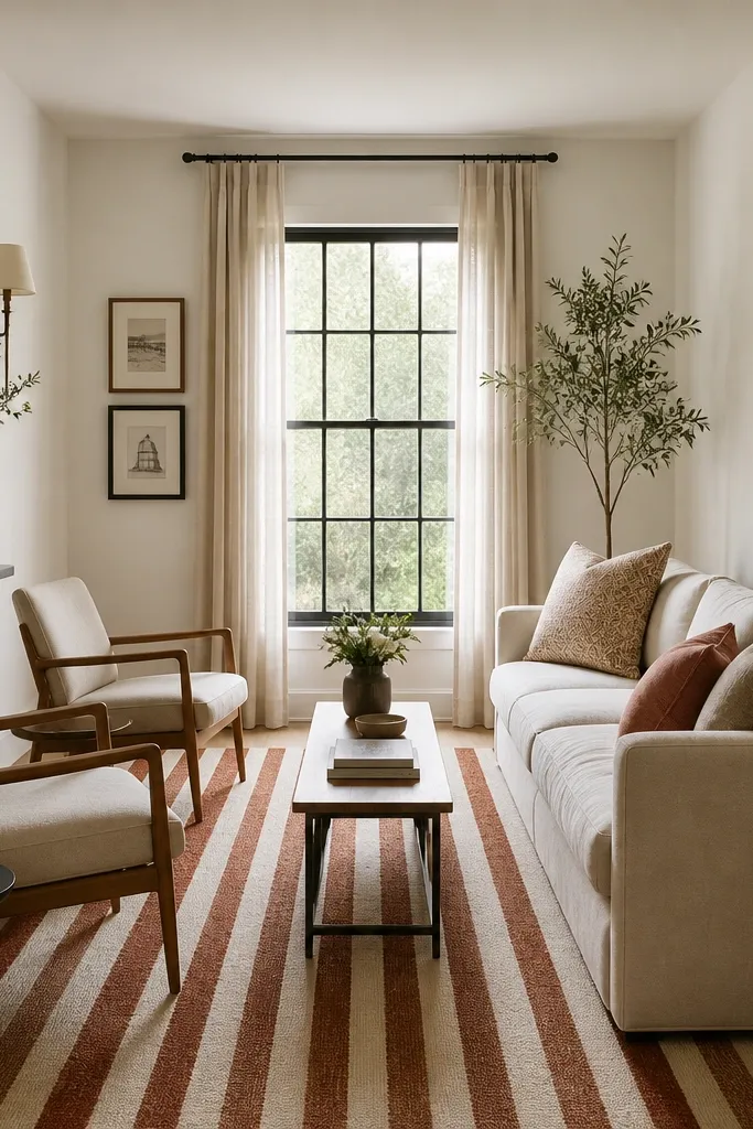 A narrower living room with a long sofa and a pair of slim chairs. The rug has rust and cream vertical stripes. Walls are painted warm white, and the coffee table is slim with dark legs.