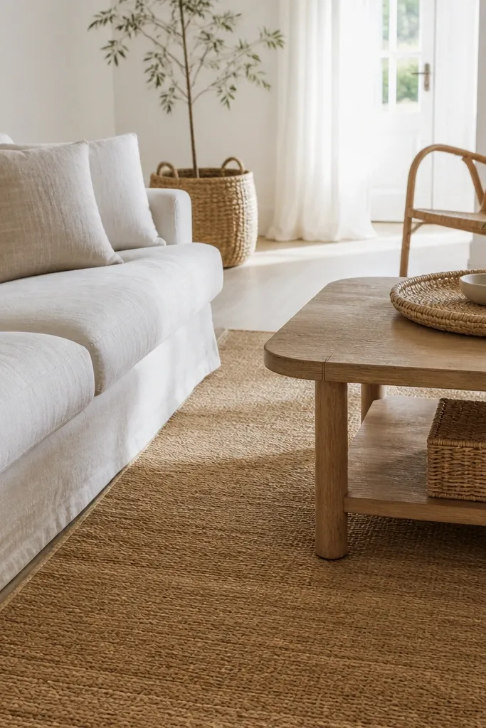A sunlit living room with a light linen sofa and rattan decor. The rug is natural jute with a very thin cream border line around the edge. A woven basket and a cane chair appear in the background.