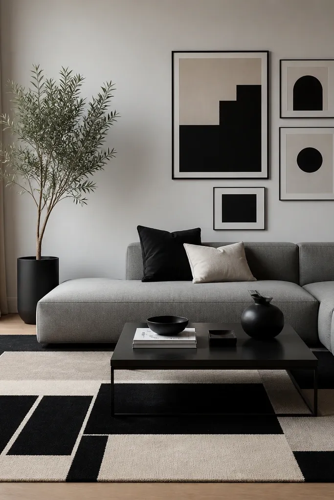 A modern living room with a low-profile gray sofa and a clean-lined coffee table. The rug is black and off-white with bold geometric blocks and lines. There's a monochrome gallery wall and a single tall plant in a black pot.