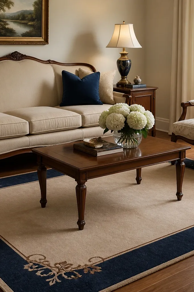 A classic living room with a beige sofa and carved wood details. The rug has a beige field with a navy border and small corner flourishes. A traditional table lamp with a cream shade sits near a navy throw pillow.
