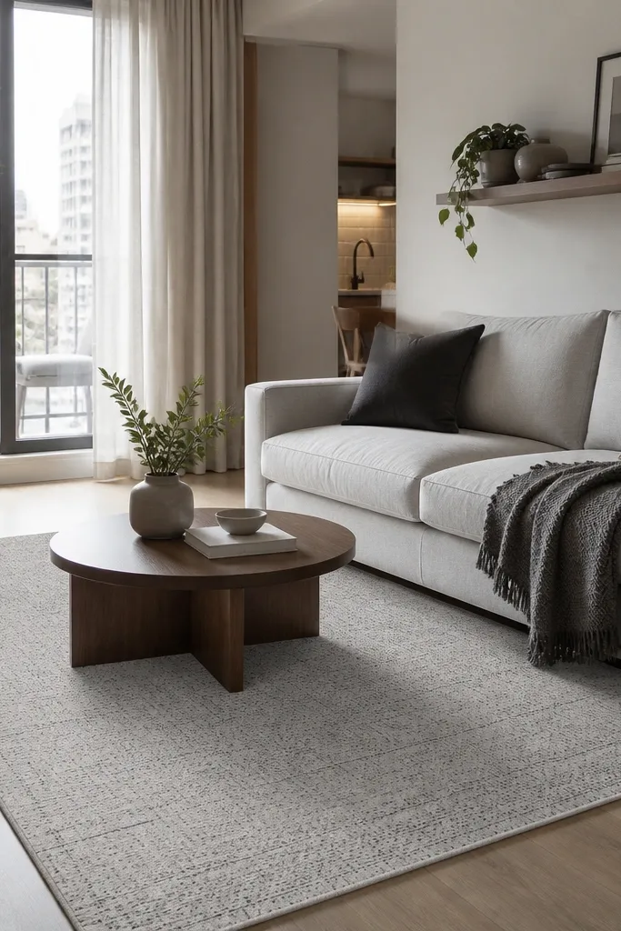 A compact apartment living area with a light gray sofa. The rug is light gray with a micro pattern like tiny speckles and faint lines, low pile, and clean edges. A small round coffee table and a wall-mounted shelf are visible.