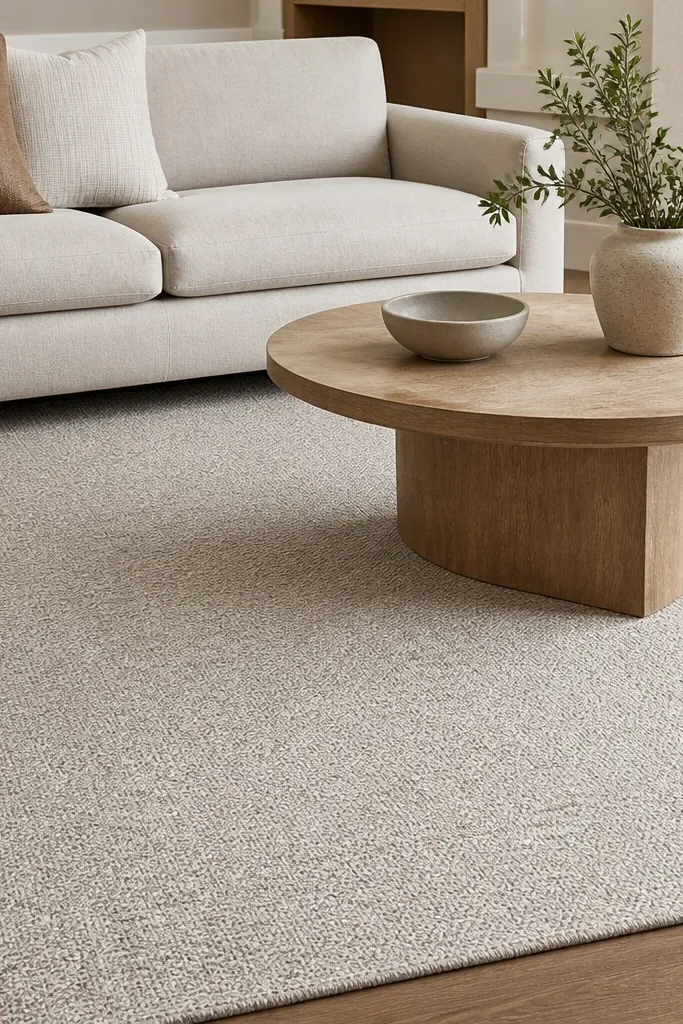 A neutral oatmeal rug with a tight, low speckle texture. The rug looks flat from a distance with subtle variation in the fibers. It sits under a light beige sofa and a round wood coffee table.
