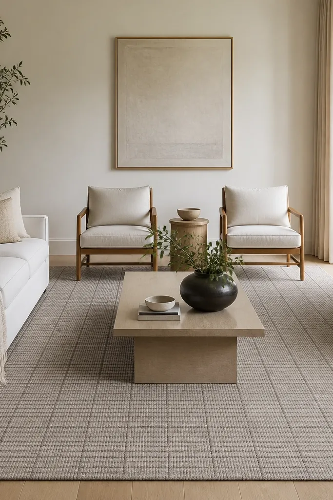 A rectangular flatwoven rug in greige with a subtle grid pattern. The grid lines are slightly darker than the base, and the weave looks tight and even. It's placed in a living room with a white sofa and straight-backed chairs.