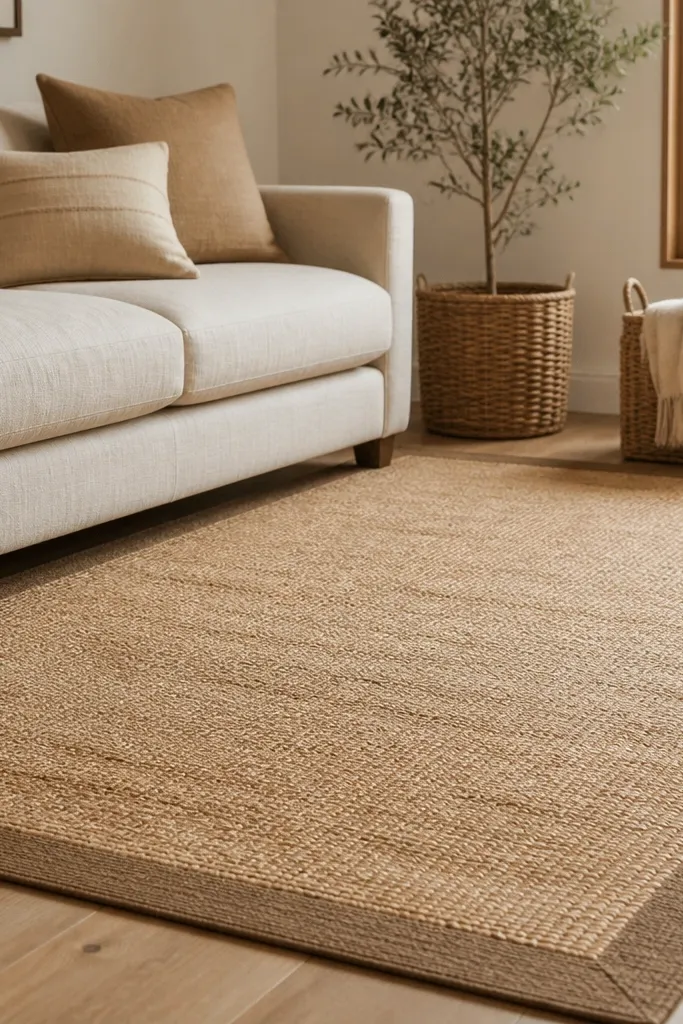 A sand-colored jute blend rug with a flat, darker border. The center looks lighter, and the weave shows natural fibers. It's under a linen-textured sofa with wicker baskets nearby.
