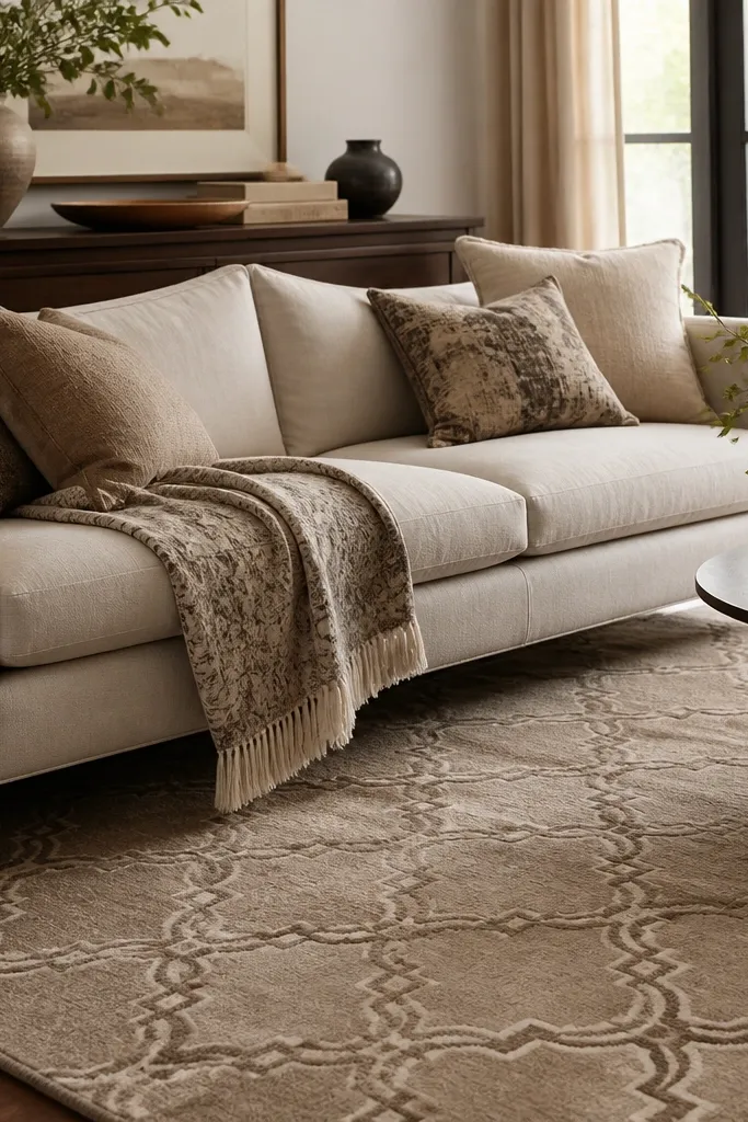 A warm taupe rug with a trellis pattern inspired by Moroccan design. The lines are muted and layered, not stark black. It's shown under a patterned throw and a dark wood console behind the sofa.