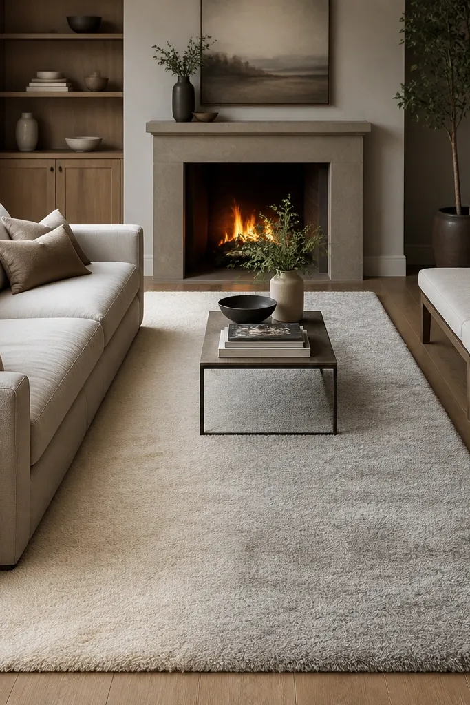 A long rectangular rug with a subtle ombre effect from cream at one end to light gray at the other. The fibers look slightly longer and soft to the eye. It's styled with a sofa facing a fireplace and a long bench.