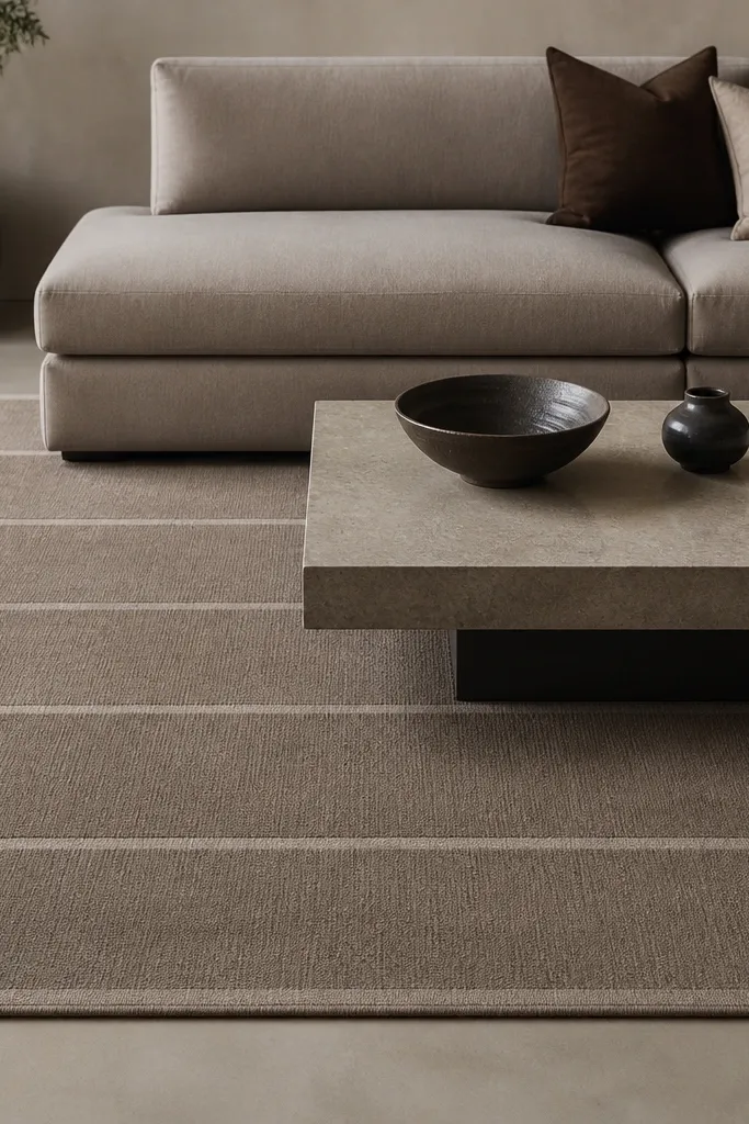 A taupe rug with wide horizontal stripes. The stripes are separated by thin lines in a lighter taupe. The rug is under a low-profile sofa and a rectangular coffee table.