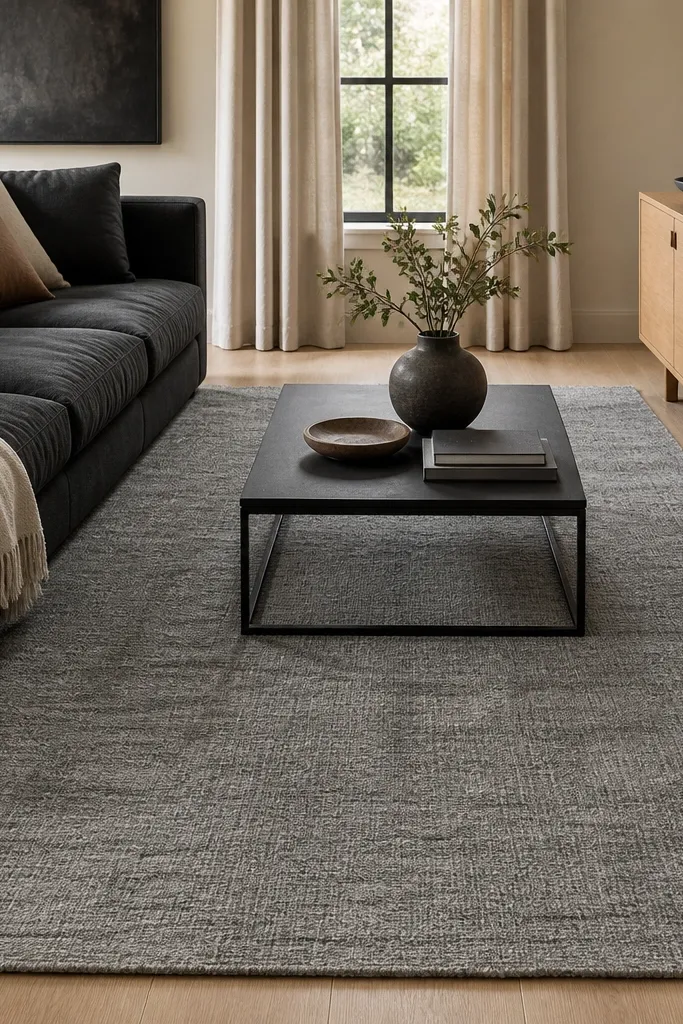 A stone gray rug with a flat pile and a hand-loom look. The surface has slight tonal variations and a subtle unevenness. It's styled under a charcoal sofa and a light oak media console.