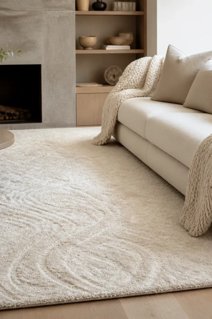 A cream rug with a high-low pile pattern. The center looks slightly lighter and more textured, like a subtle wave. It's under a light sofa with thick knit throws.