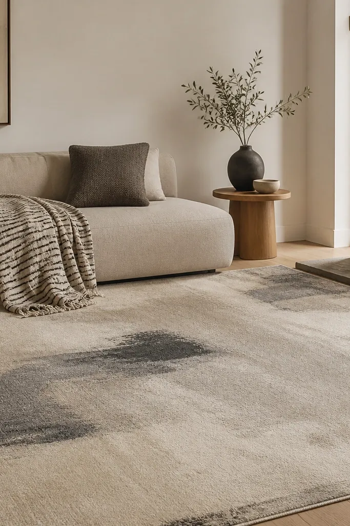 A neutral abstract rug with oyster beige as the base and charcoal accents in soft shapes. The pattern looks painterly and irregular. It sits in a living room with a patterned blanket and minimal decor.