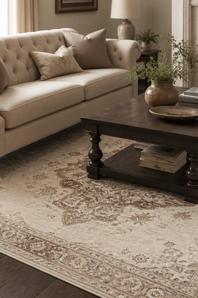 A warm cream rug with a large medallion motif in faded taupe and soft brown. The border has a subtle worn effect. It's shown under a tufted beige sofa and a dark wood coffee table.