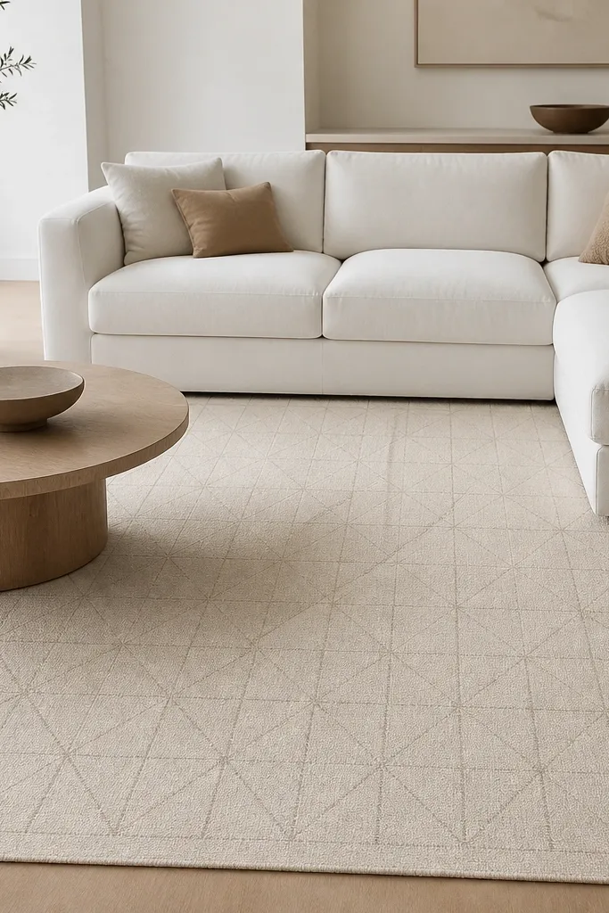A light oat rug with thin geometric lines forming small triangles and cross shapes. The lines are slightly darker than the base. It's placed in a living room with a white sectional and minimal decor.