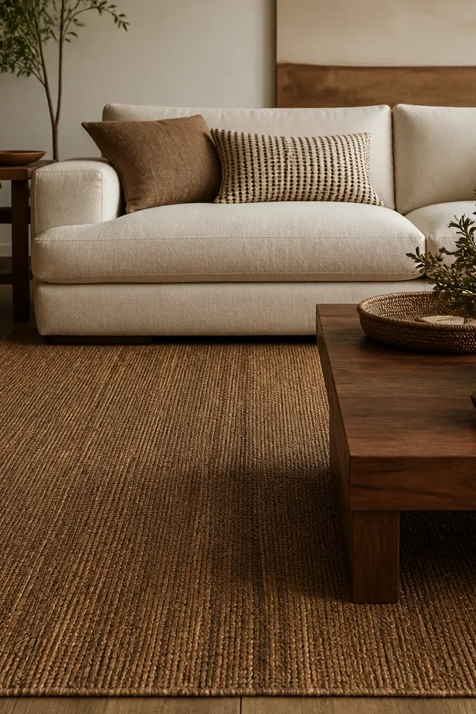 A walnut-toned flatwoven rug with a subtle variation in the weave. The surface looks matte and natural. It's under a cream sofa and paired with woven baskets and a walnut coffee table.