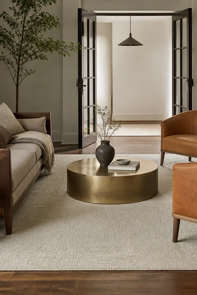 A living room with a cream low-pile rug under a walnut wood sofa. The rug has a subtle tonal weave, and two small tan leather chairs sit with their front legs on the rug. A round brass coffee table sits centered, with a thin off-white runner-like mat placed only at the doorway edge.