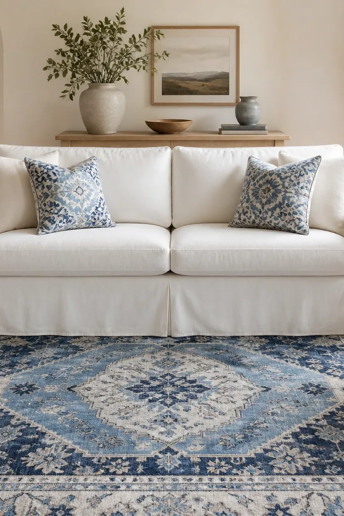 A blue and ivory patterned rug with a geometric medallion sits under a white slipcovered sofa. The rug colors are navy, powder blue, and warm ivory. Two linen throw pillows repeat the same navy and light blue tones, and a light wood console table sits behind the sofa.