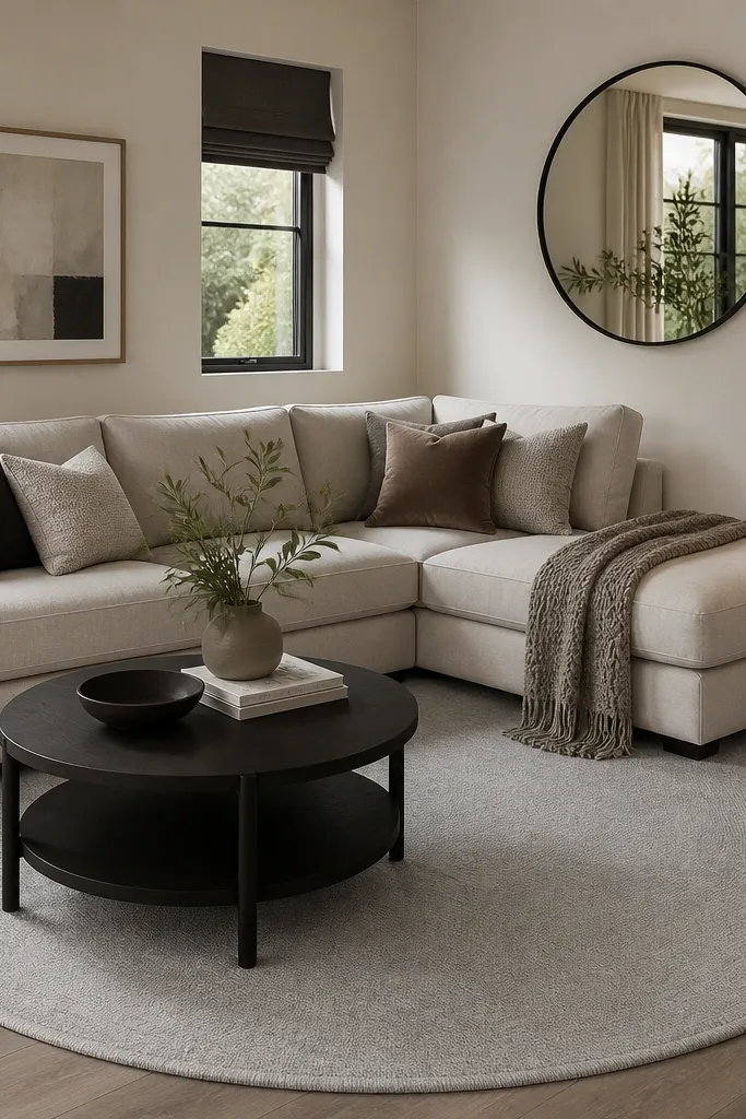 A compact living room with an L-shaped sectional. A round rug in light gray sits in the corner beneath the chaise. The rug has a short pile and a subtle border. A narrow black floor lamp stands near the rug edge, and a round mirror hangs on the wall.