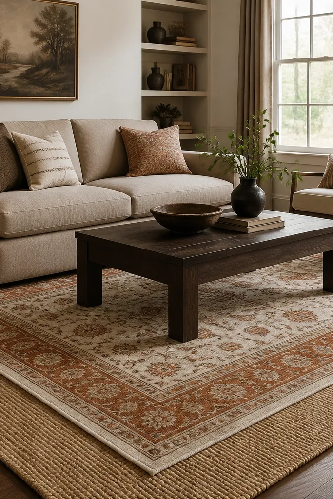 A living room with a natural jute rug on the floor. On top sits a smaller patterned wool rug in cream and rust tones. The sofa is a warm beige, and the coffee table is a dark wood rectangle. The layered edges are visible and slightly offset.