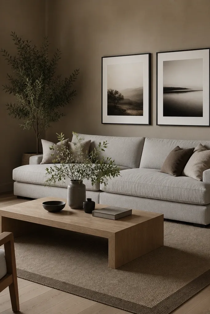 A taupe living room with a sofa in greige fabric. A flatweave rug in taupe sits underneath, with a slightly darker border stripe around the edges. The coffee table is light oak, and the wall art is black-framed prints.