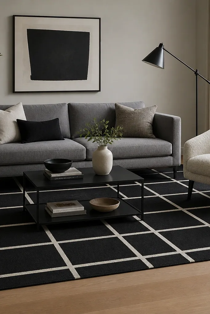 A modern living room with a black grid rug in black and off-white. The rug is large enough that the front legs of a gray sofa rest on it. The grid lines are crisp and evenly spaced. A white accent chair and a black metal floor lamp frame the rug area.