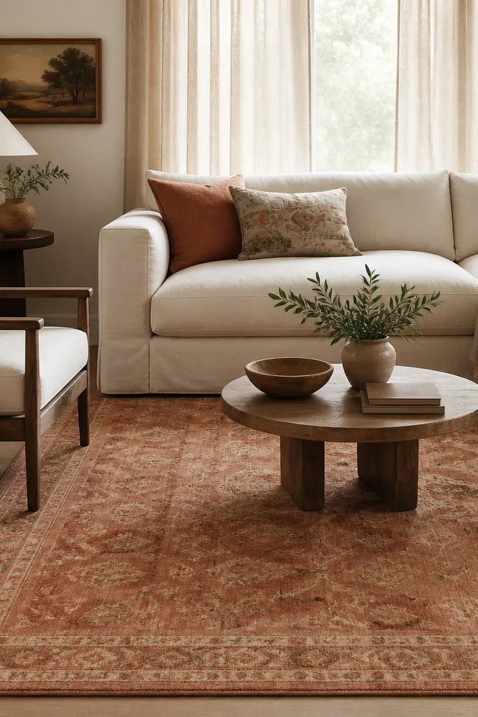 A living room with a cream sofa and terracotta patterned rug. The rug has faded motifs in rust, terracotta, and a touch of olive. Natural linen curtains hang behind the sofa. A woven basket sits beside the chair.