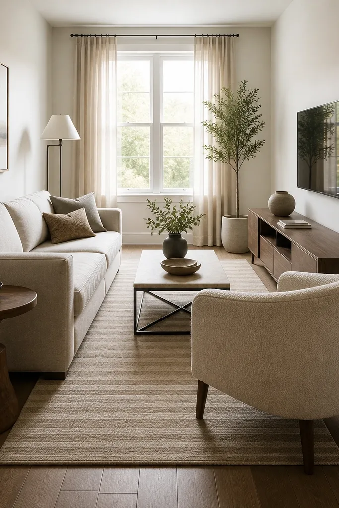A living room with a narrow layout. A 5x8 rug is placed lengthwise under a loveseat and a single accent chair. The rug has a subtle stripe pattern in sand and cream. A slim TV console sits on the wall, and the rug edges align with the chair legs.