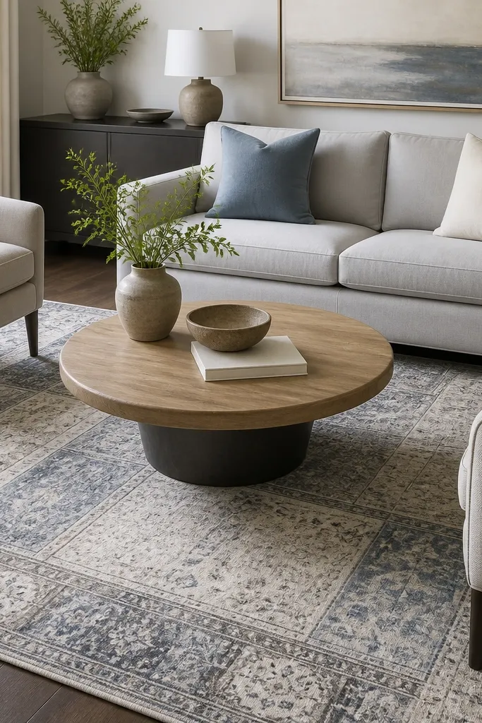 A distressed panel rug with faded blues, soft gray, and cream blocks. It sits under a light gray sofa and two upholstered chairs. The coffee table is round with a light wood top. The pillows include one washed blue and one cream solid.