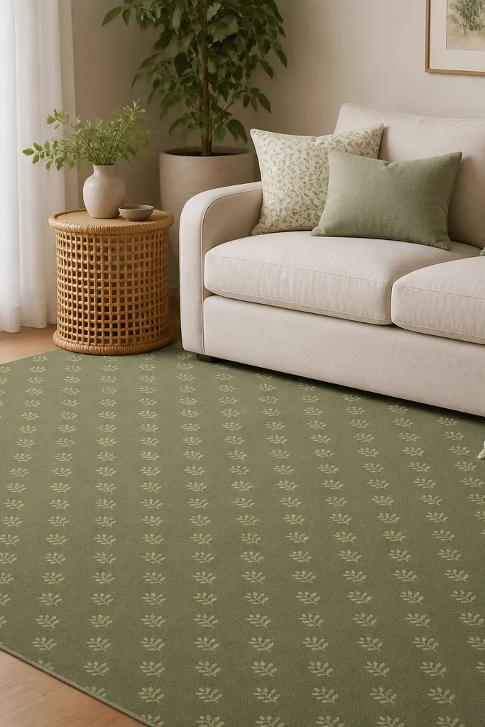 An olive green rug with a tiny repeating leaf pattern. The living room has a light beige sofa, rattan side table, and white curtains. Several green throw pillows sit on the sofa, and a large potted plant stands near the corner.