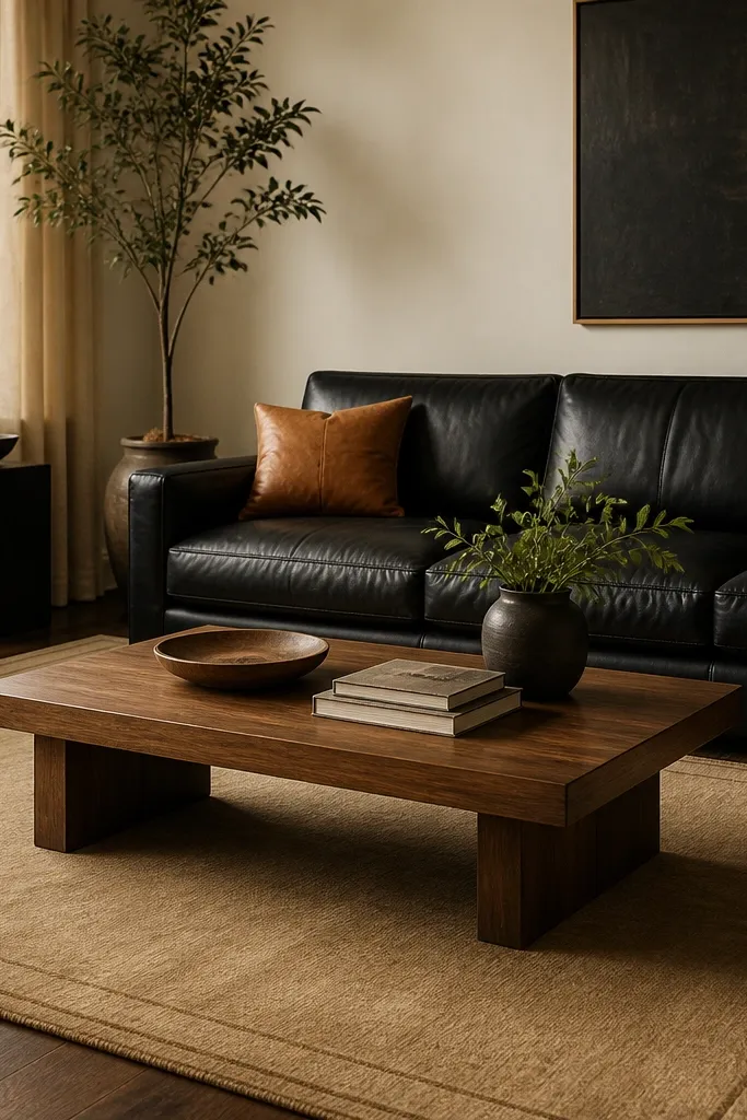 A living room with black leather sofa and camel-colored rug. The rug has a subtle border and short pile. A cognac leather throw pillow sits on the sofa, and a warm wood coffee table is centered on the rug.