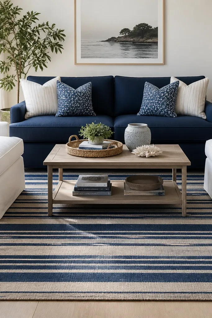 A navy and sand striped rug under a navy fabric sofa. The stripes are horizontal and slightly varied in thickness. Two white slipcovered chairs sit on either side, and a beige woven basket is visible near the rug edge.