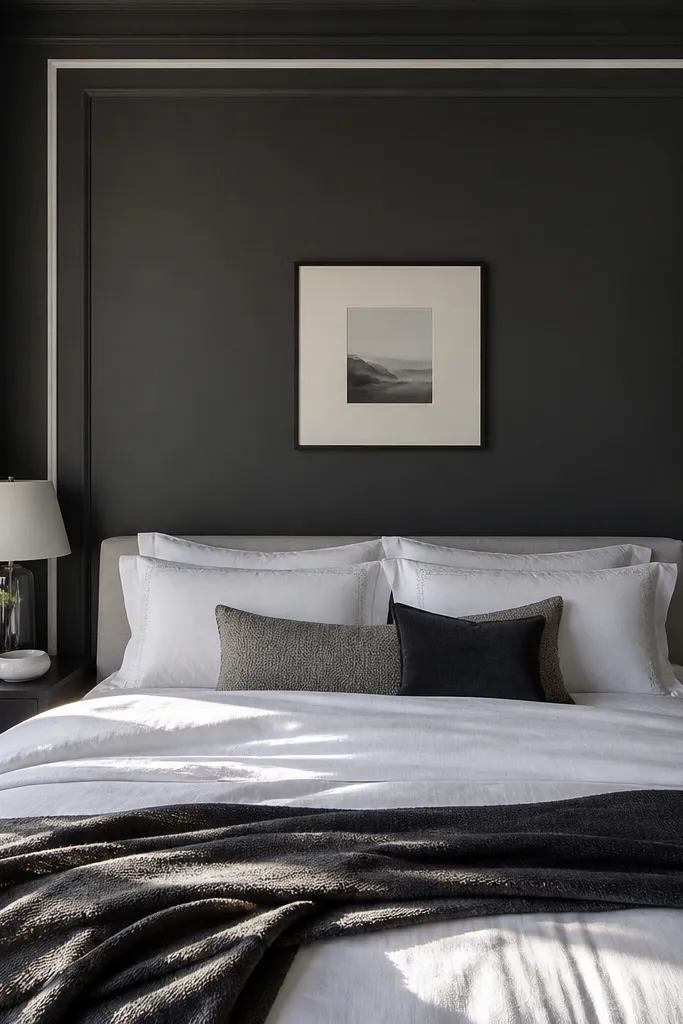 Dark charcoal wall behind a bed with a clean-lined headboard