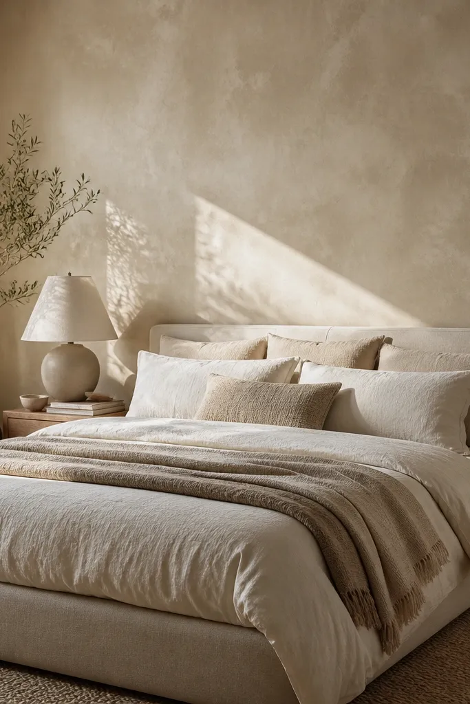 Warm greige textured wall behind a bed with soft, uneven plaster effect