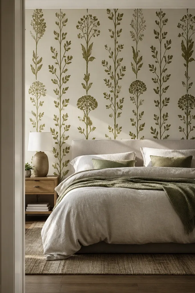 Muted olive botanical wallpaper behind a bed with crisp vertical alignment