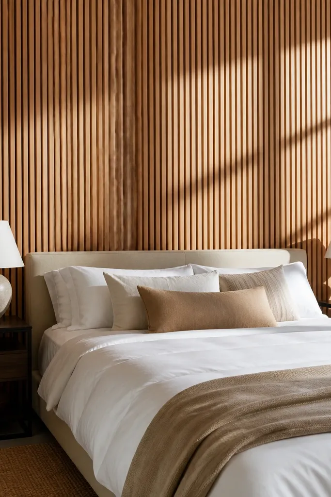 Natural oak vertical wood slats behind a bed with warm shadows