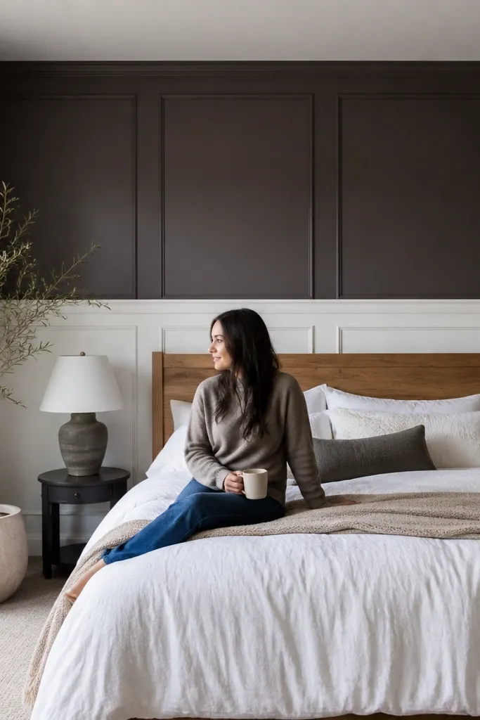 Painted paneling behind a bed with chair-rail style horizontal lines