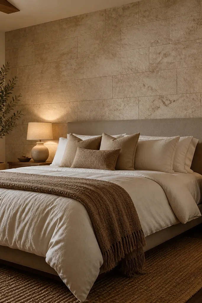 Warm travertine stone-look panels behind a bed with realistic veining