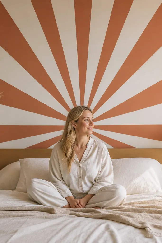 Two-tone painted sunburst triangles behind a bed with sharp lines
