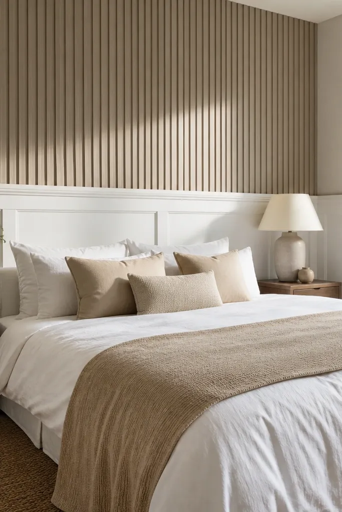 White wainscoting half-wall with vertical slats above behind a bed