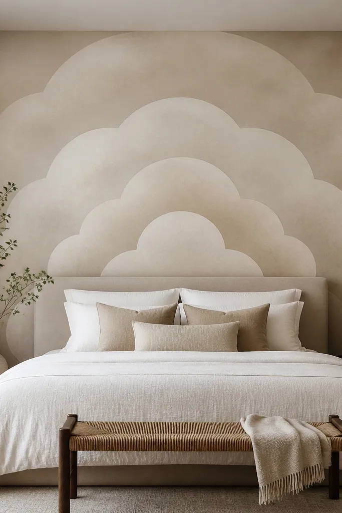 Soft sand and ivory arched pattern wallpaper behind a bed