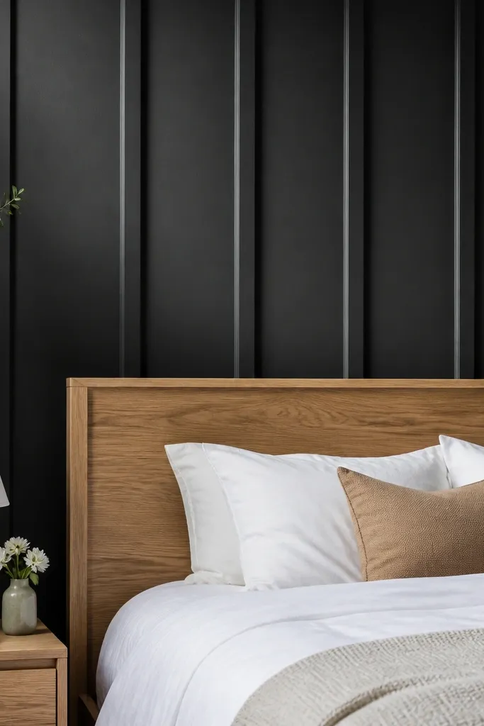 Matte black board-and-batten wall behind a bed with light oak accents