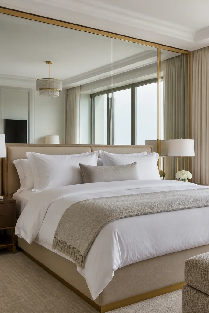 Warm gold framed mirrored panels behind a bed with soft lighting