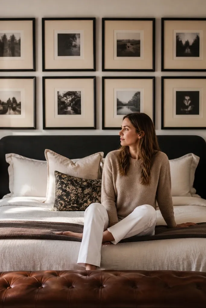 Centered gallery grid with linen-mat frames behind a bed