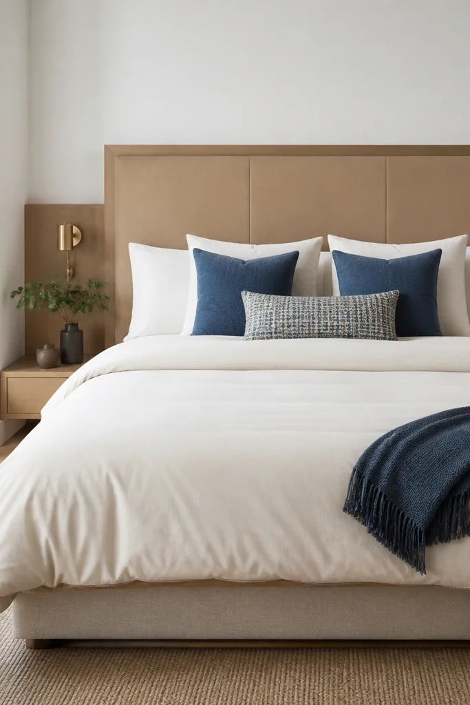 Cream bed with tan headboard, blue pillows, and light curtains
