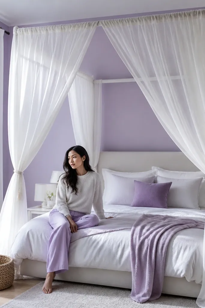 Lavender walls, white canopy curtains, and pastel bedding