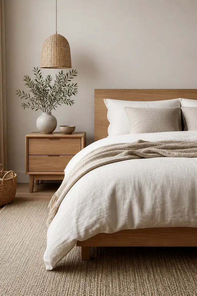 Light wood bed, off-white bedding, and woven baskets near a dresser