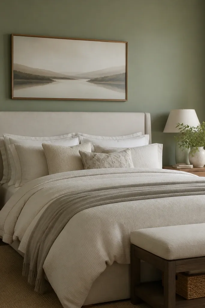 Sage green accent wall behind a bed with neutral pillows